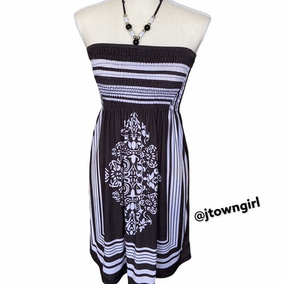 Christina Love Smocked Tube Top Dress Paisley Gray White Beaded Halter M - Picture 8 of 13